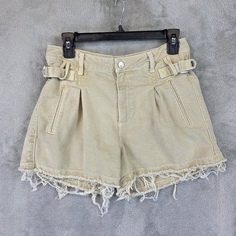 Zara Shorts Womens 4 Beige High Waist Pleated Raw Hem Denim Cotton Casual